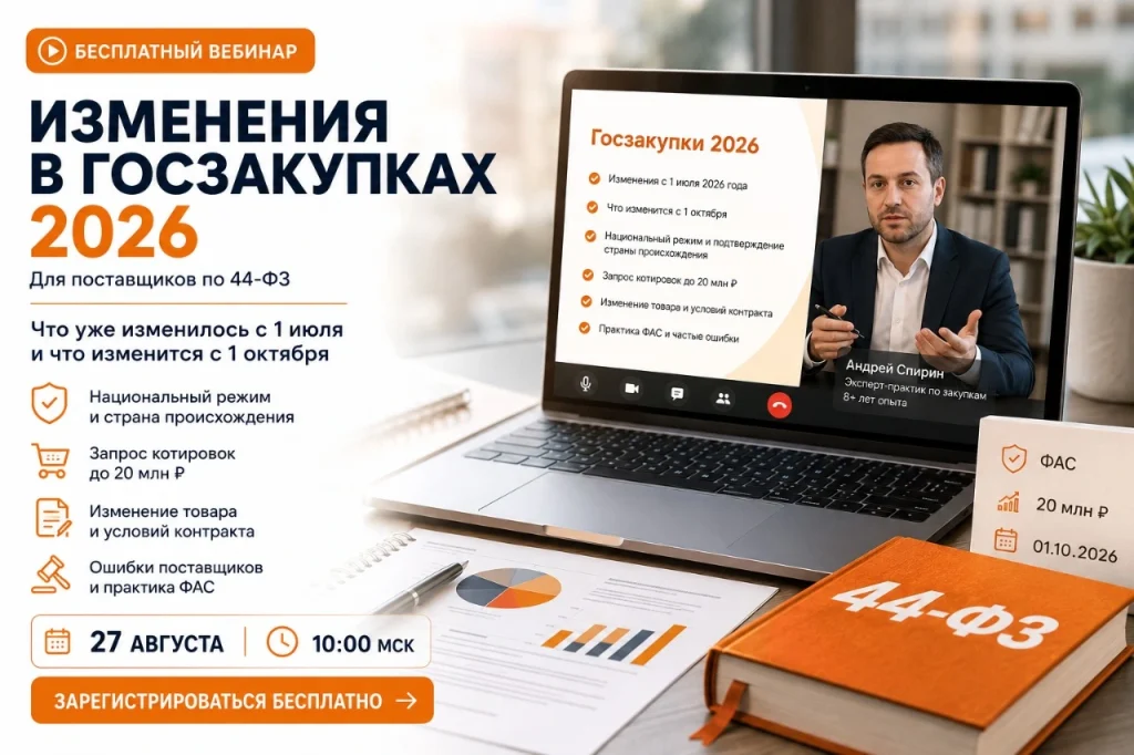 Баннер вебинара для поставщиков «Изменения в госзакупках осени 2026» с экспертом, ноутбуком и материалами по 44-ФЗ.